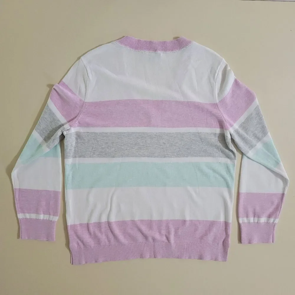 Tommy Hilfiger Pastel Pink Stripe Long Sleeve V-Neck Women's Sweater